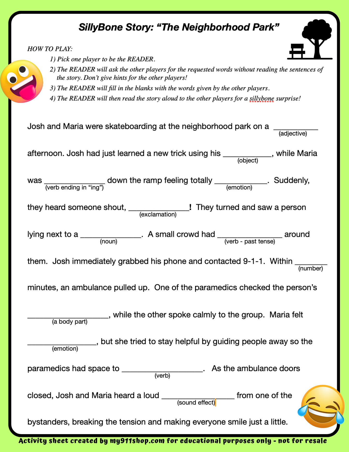 **FREEBIE** SillyBones "The Neighborhood Park" Activity Sheet
