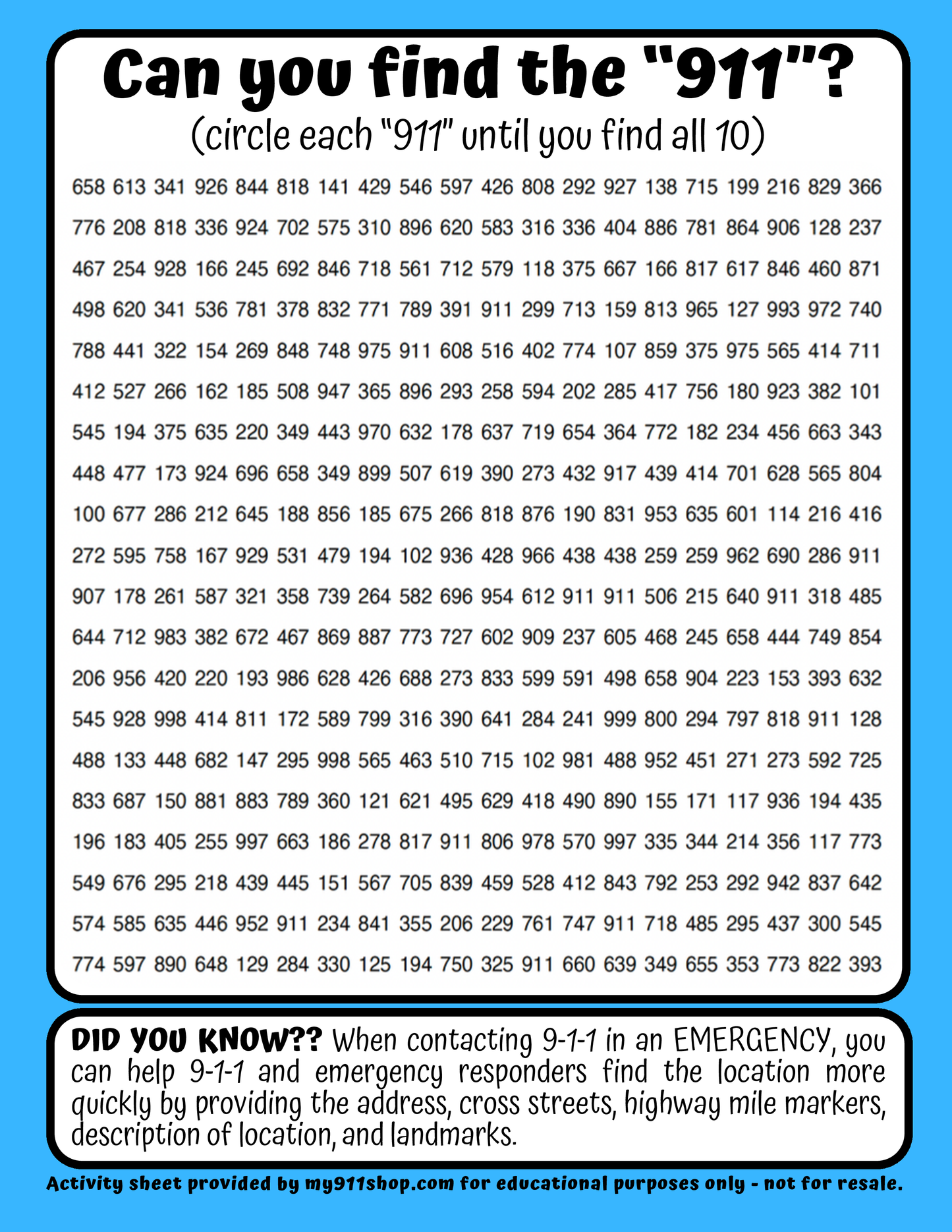 **FREEBIE** 9-1-1 Number Find